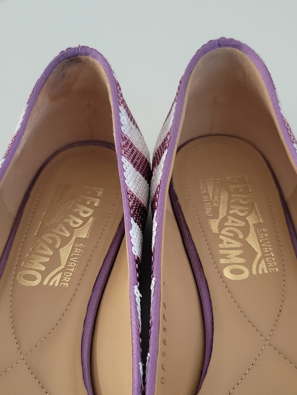 Salvatore Ferragamo Pink & White Sequined Bow Ballet Flats - Picture 12 of 16